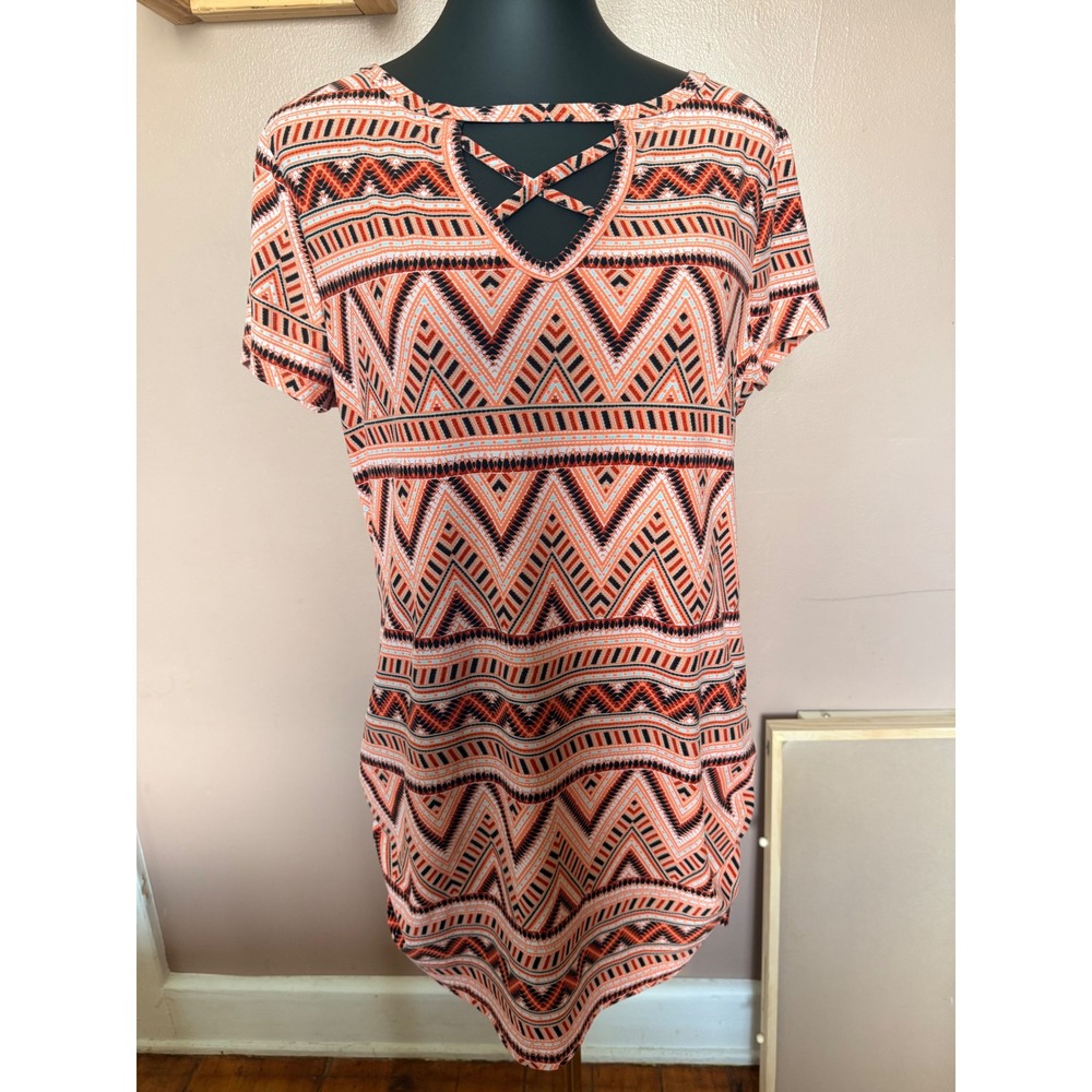 Bobbie Brooks XL Orange Black Tribal Geometric Tunic Top Crisscross Neck